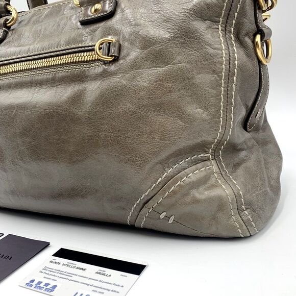 Auth PRADA Vitello Shine Bauletto Leather Tote Bag in Pomice Preloved Very Good - Picture 7 of 15